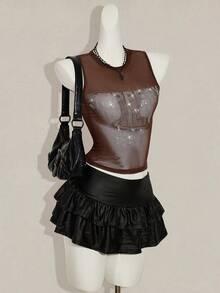 SHEIN ICON Áo hai dây ôm sát, xuyên thấu, màu đen lưới, gợi cảm, đính đá lấp lánh, dành cho nữ, kiểu dáng Y2k, chất liệu lưới, có chữ cái, hở lưng. - Cà phê nâu - Xem 6