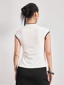 ROMWE Avant Spring/SummergraphicwhiteRetro New Chinese Style Mandarin Collar Dragon & Chinese Character Print Tight Fitted Top - Beige - View 6