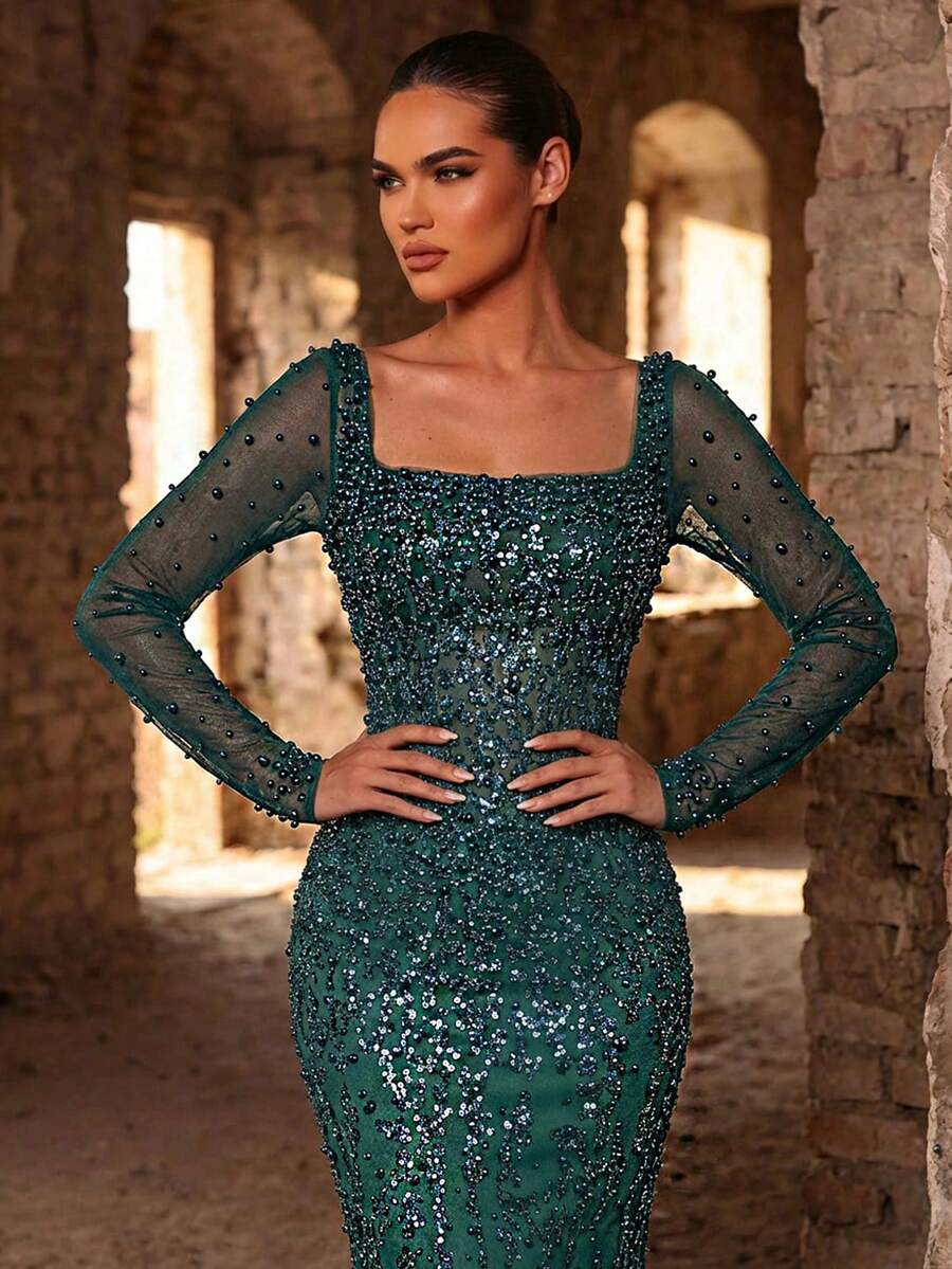Glamrae Rochie elegantă și luxoasă, model sirenă, cu mâneci transparente, cu paiete, potrivită pentru nunți, petreceri, vacanțe, baluri, ocazii formale (foarte decorată)