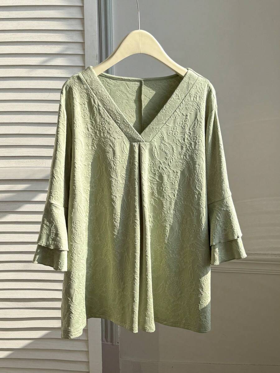 Lacomfia Plus Size Solid Color Knit Short Sleeve T-Shirt Light Green Top - Mint Green - View 1
