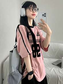 DAZY Camiseta suelta de manga corta con bloqueo de color y estampado de letras para mujer, primavera/verano - Rosa - Ver 6