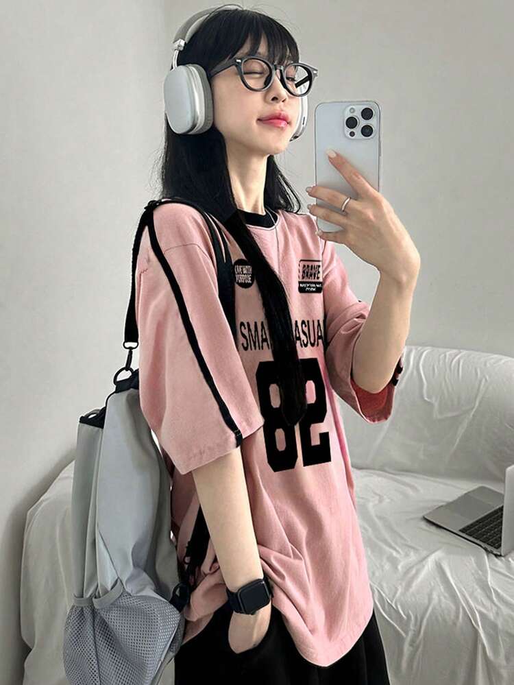 Women's Colorblock Short Sleeve Loose Letter Print T-Shirt, Spring/Summer