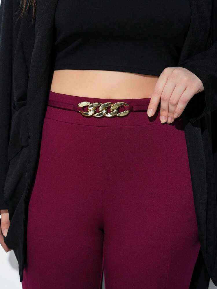 SHEIN Maija Plus Size Women's Solid Color Metal Decor Elegant Fashion Pants, Suitable For Urban Commute, Business Casual, Stylish