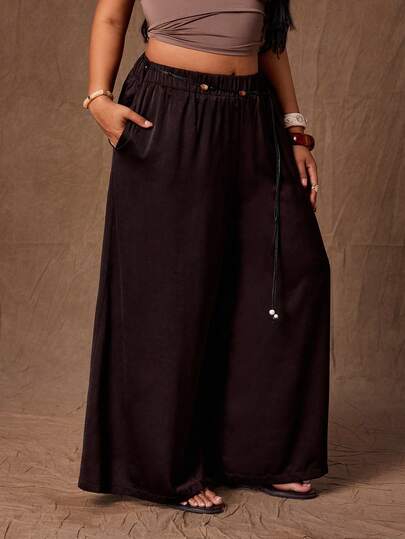 Rustia Plus Size Women's Brown Vintage Romantic Pocket Loose High Waist Wide Leg Casual Pants, Cinched Waist Design With Beaded Belt Decor, Regular Fit Pants, Suitable For Spring, Summer, Autumn