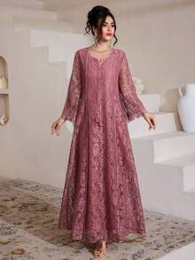 SHEIN Najma 方领蕾丝流苏七分袖喇叭形阿拉伯女式连衣裙 - 紫色 - 查看 8