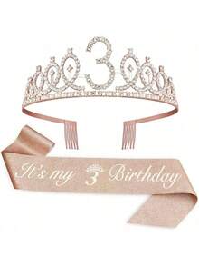 Sparkling Rhinestone Crystal Crown Tiara With Happy Birthday Satin Sash 2PCS Set For Girls 3rd 4th 5th 6th 7th 8th 9th Years Old Birthday Party Decorations, Princess Anniversary Celebration Supplies For Christmas​ - Rose Gold - View 7