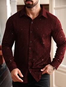 Manfinity Homme Plus Size Men's Long Sleeve Collared Button-Up Shirt, Formal - Burgundy - View 3