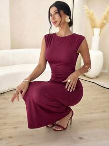 Firerie Women's Elegant Minimalist Office Commute Ruched Long Dress, Suitable For Summer, Office Wear, Beach Vacation - Red Violet - View 3