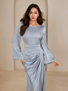 Graceveil Đầm kiểu Ả Rập tay loe xếp ly dành cho nữ - Màu xanh lam - Xem 6