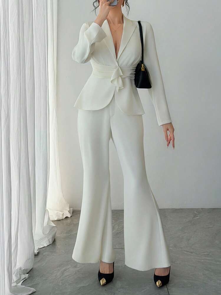 Women's Elegant Solid Color Pleated Blazer Jacket And Flared Pants Suit, Spring/Summer,Wedding Guest Dress Women