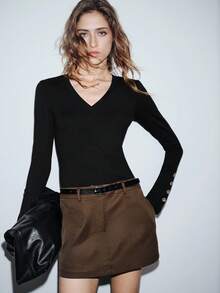 Lumivelle Women's Versatile V-Neck Casual Long Sleeve Knit Sweater (Metal Button Style), Slit Cuffs - Black - View 3