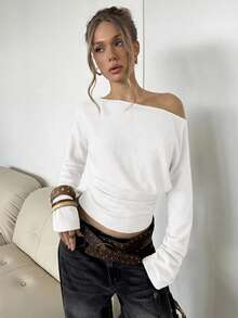 SHEIN BAE Women's Casual Solid Color Oblique Shoulder Long Sleeve Top - White - View 7