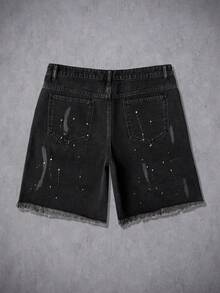 Manfinity Denimwave Men's Summer Black Fringe Hem Distressed Loose Denim Shorts - Black - View 2