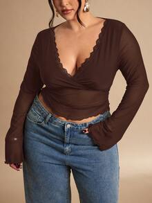 SHEIN BAE 大码女式纯色网纱蕾丝拼接长袖性感上衣，可作内衣或外套 - 咖啡棕 - 查看 3