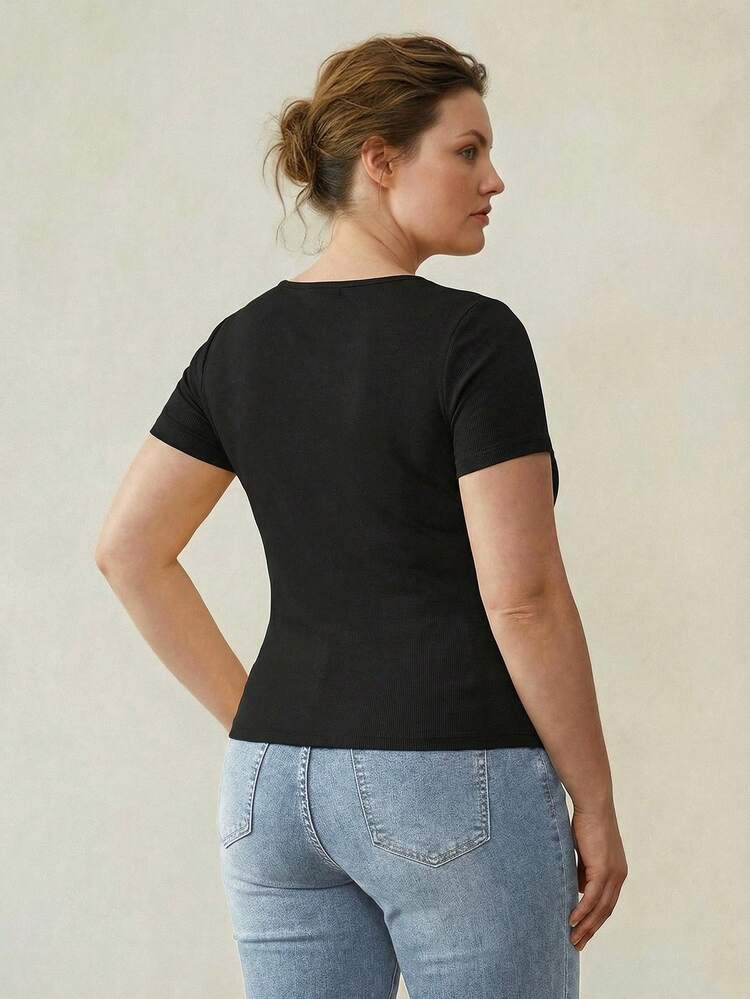 PLUS SIZE WOMEN'S CASUAL DAILY COMMUTE SIMPLE SOLID COLOR SURPLICE V-NECK SHORT SLEEVE FITTED BLACK T-SHIRT