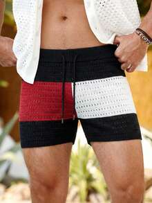 Manfinity VDAYZ Men's Contrast Color Drawstring Waist Hollow Out Casual Loose Swim Trunks Crochet Shorts Men Patchwork Shorts Men Men Sexy Shorts Beach Clothes For Men Men Swim Trunks Beach Shorts Men Beach Shorts Set - Multicolor - View 3