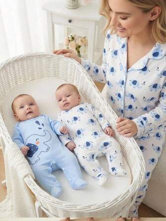 SHEIN 2st Nyfödd Enkel söt elefanttryck Vit & Blå Långärmad och benfotad Romper Sleepwear Set