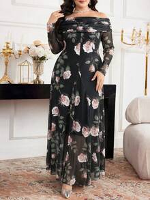 Modelyn Plus Size Elegant Floral Print Off-Shoulder Dress - Black - View 8