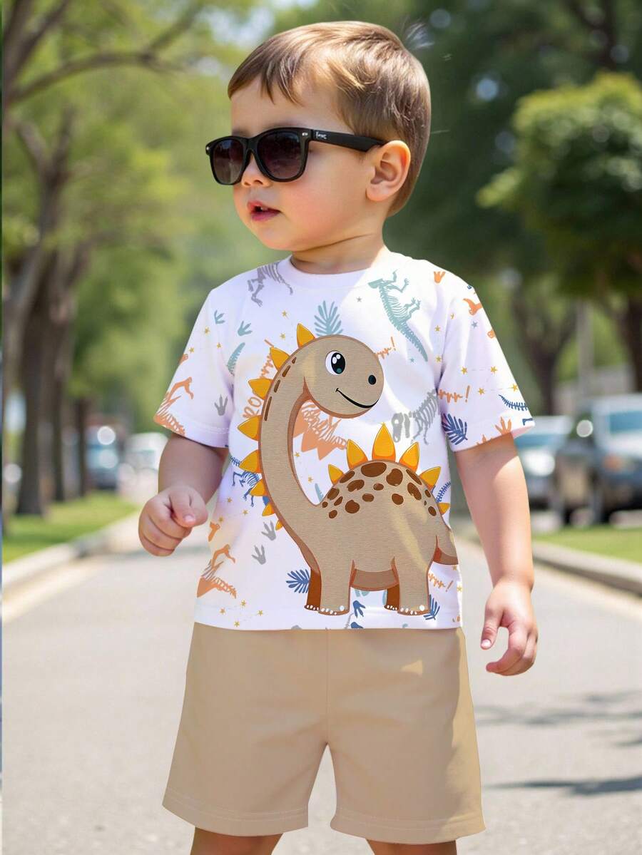1 Conjunto Casual de Camiseta de Manga Curta com Gola Redonda e Shorts para Meninos Bebê, Estampa de Dinossauro, Conjunto de Dinossauro Adequado para Uso Externo no Verão - Multicolorido - Visão 1