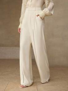 MOTF PREMIUM 撞色蕾丝褶裥直筒裤，春夏款 - 杏色 - 查看 4