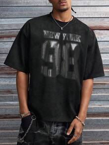 AXEPEAK 男士字母数字印花休闲圆领短袖T恤 - 黑色 - 查看 3