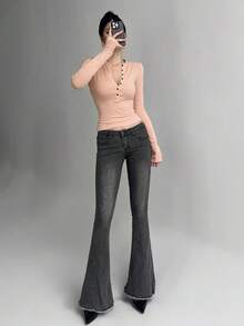 DAZY 女士纯色半拉链长袖修身T恤 Y2k - 杏色 - 查看 4