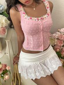 Franclia 女士蕾丝边吊带背心，Y2K蕾丝花卉领带上衣，短袖吊带背心。女士花卉吊带背心，粉色上衣，休闲装。玫瑰上衣，少女风上衣，可爱女式上衣，连衣裙上衣 - 粉色 - 查看 7