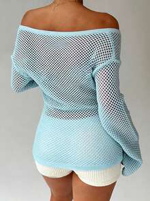 INAWLY Women's Off-Shoulder Solid Color Hollow-Out Knit Sweater, Suitable For Beach & Vacation - Blue - View 2
