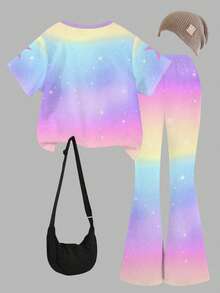 一套女童休闲可爱卡通渐变彩色韩流女孩印花短袖T恤和喇叭裤套装，适合夏季户外穿着 - 彩色 - 查看 2
