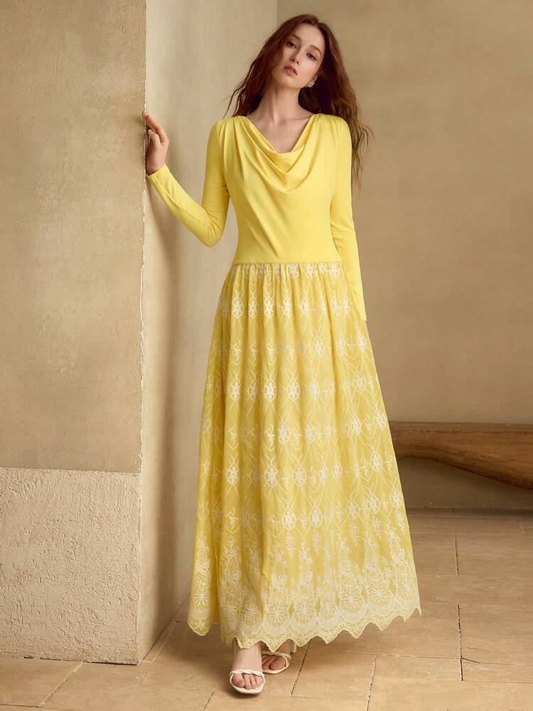 LONG KNIT PATCHWORK EMBROIDERED DRAPED COLLAR DRESS, SPRING/SUMMER