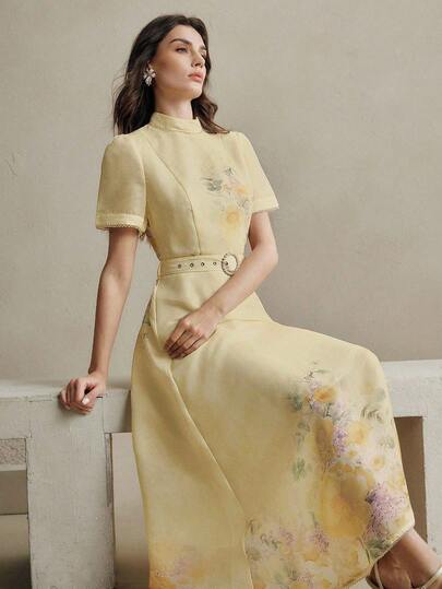 Anewsta Women's Light Yellow Woven Fabric Midi Dress With Belted Waist And Flared Hem Floral Pattern