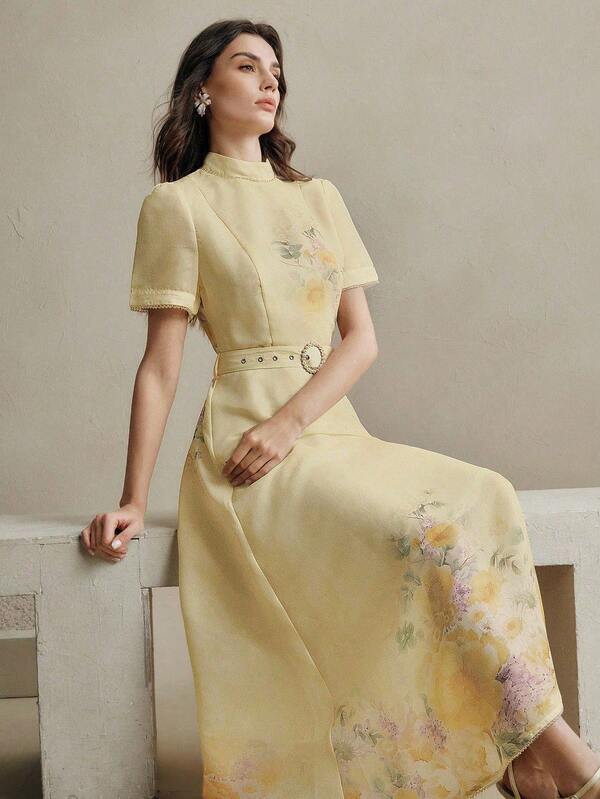 Anewsta Light Yellow Vintage Midi Dress For Women With Stand Collar Regular Short Sleeves And Belted Floral Print Chinese Style Dress Cheongsam Dress Light Yellow Dress Women Qipao Dress Pastel Yellow Dress