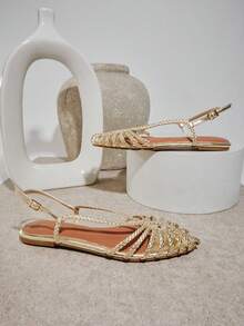 SHUZIA Fashionable Ladie's Gold Sling Back Easy Wear Slip-On Marry Jane Flat Sandal, Round Toe Spring Summer Chic Holiday Shoes - Gold - View 3