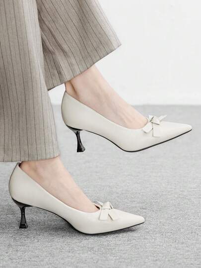 CUCCOO BIZCHIC 女士新款优雅时尚哑光米色蝴蝶结尖头细高跟鞋，适合工作和约会等各种场合。