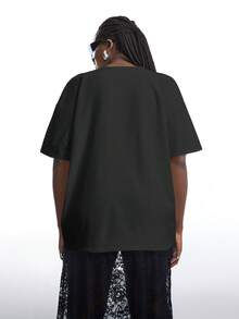 LYSMO Áo thun đen dáng rộng, đơn giản, màu trơn, vai rớt, dành cho nữ, thích hợp mặc hàng ngày đi làm. - Màu xám đen - Xem 2