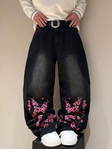 STEELVANCE 男士街头复古时尚小众百搭设计樱花刺绣宽松阔腿牛仔裤 - 黑色 - 查看 6