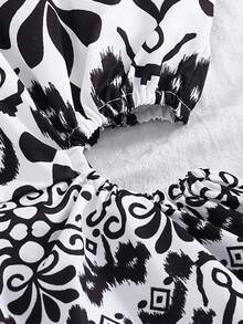 SHEIN Girls' Print Sleeveless Hollow-Out Waist Dress, Suitable For Summer Beach Holiday, Black & White - Black and White - View 5