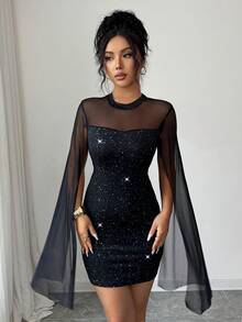 Elenzga 女士立领披肩式网纱闪亮夜店派对迷你连衣裙，修身连衣裙，适合约会、派对、生日、感恩节、音乐节、毕业典礼、假期、春夏穿着 - 黑色 - 查看 7