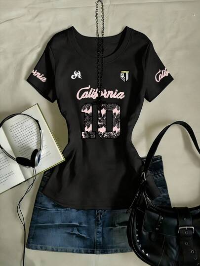 Noixe Áo thun ngắn tay nữ kiểu dáng thường ngày, thời trang, họa tiết hoa ren và chữ số, thích hợp mặc đi làm hàng ngày vào mùa hè.