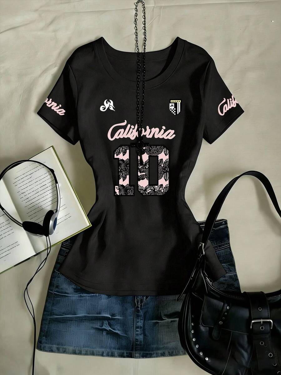 Noixe Camiseta de manga corta con estampado de flores y letras numéricas, de estilo casual y elegante para el uso diario en verano - Negro - Ver 1