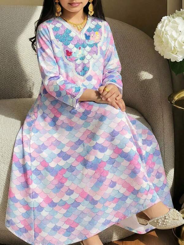 SHEIN فستان عربي أنيق وبسيط بأكمام طويلة مناسب للربيع والصيف، مطبوع بطبعة الحورية للفتيات المراهقات