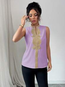 Rafferiza Áo kiểu nữ thanh lịch cổ chữ V thêu ren phối nhiều mảnh - Màu tím - Xem 6