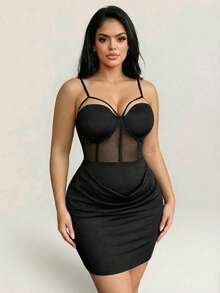 SHEIN SXY Abito a sottoveste aderente in stile sexy con inserti in rete, taglie comode, adatto per l'estate - nero - Visualizzare 3