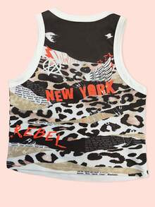 Glimmora 女士豹纹标语拼接休闲圆领背心 - 彩色 - 查看 2