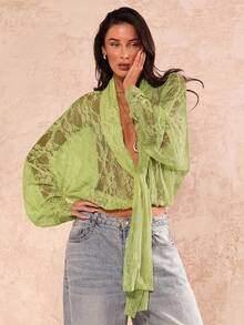 SHEIN Glamour Áo kiểu nữ tay dài ren xuyên thấu màu xanh lá chanh, áo kiểu buộc dây phía trước, kiểu dáng thường ngày cho kỳ nghỉ năm 2026. - màu xanh lá - Xem 8