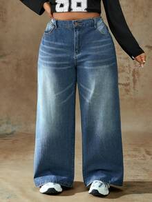 Truni Celana Panjang Denim Pudar Vintage Ukuran Plus dengan Potongan Lebar dan Saku Hati, Modis & Serbaguna untuk Pakaian Musim Panas dan Gugur untuk Wanita, Cocok untuk Bentuk Tubuh Pir dan Segitiga - Biru - View 8