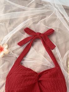 SHEIN Đầm ngắn màu đỏ hở lưng cho bé gái tuổi teen, có dây buộc/gấu bèo và hai lớp/ thích hợp cho tiệc tùng/hẹn hò/ngày lễ tình nhân/trang phục đi nghỉ mát/đầm đi biển. - Đỏ - Xem 6