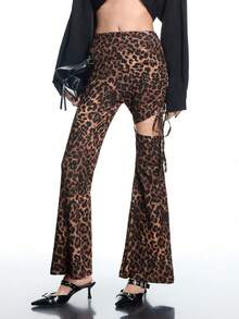 Airlisse Women's Leopard Print Side Ruched Flared Hem Leggings, Suitable For Spring And Autumn - Brown - View 3