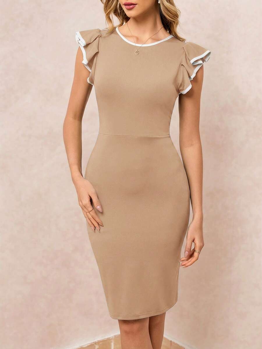 SHEIN Clasi Đầm nữ cổ tròn ôm sát, viền tương phản, tay loe. - Màu Khaki - Xem 1