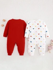 Loomiva 2pcs Newborn Baby Girl Cute Heart Pattern Knitted Long Sleeve Jumpsuit Set, Autumn/Winter - Multicolor - View 2